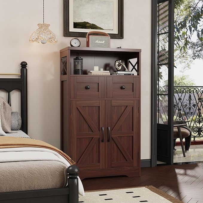 Dark Brown Storage Cabinet with Drawers and Shelves, Standing Kitchen Pantry Cabinet, Floor Storage Cabinet Hutch Cupboard, Coffee Bar Station for Dining Living Room Home Office