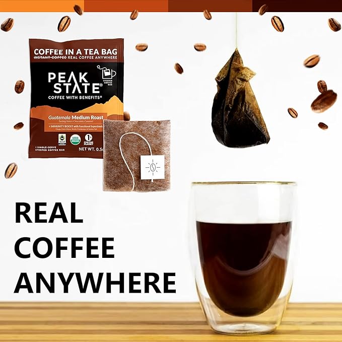 Peak State Coffee with Benefits, Medium Roast – Mushroom Coffee, Low Acid & Smooth, Dark Chocolate & Sweet Grape, Organic Whole Bean, Gluten Free, 10 Single Serve Brew Bags