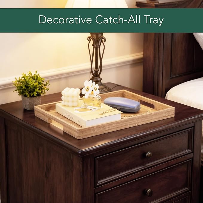 DETOR Serving Tray 17" x 13", Innovative Anti-Slip Coating, Light Walnut Bamboo Finish, Solid Bamboo Board, Decorative & Ottoman Tray for Food, Drinks, and Home Décor
