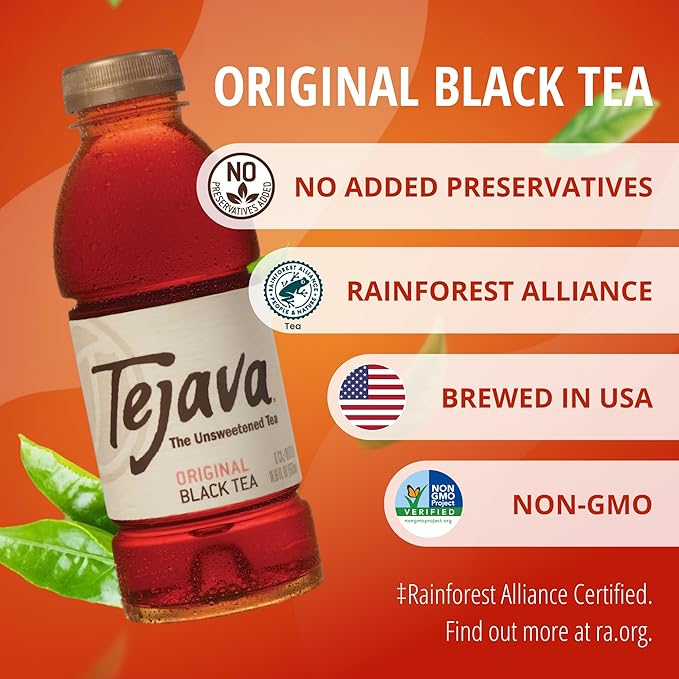 Tejava Original Unsweetened Black Iced Tea, 6 Pack, 16.9oz PET Bottles, Non-GMO, Kosher, No Sugar or Sweeteners, No calories, No Preservatives, Brewed in Small Batches