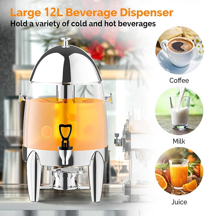 ROVSUN 3 Gallon/12L Beverage Dispenser, Coffee Chafer Urn with Fuel Holder, Drink Dispenser Water Juice Dispenser with Ice Container Spigot, Hot & Cold Drinks for Party Catering Buffet, Plastic