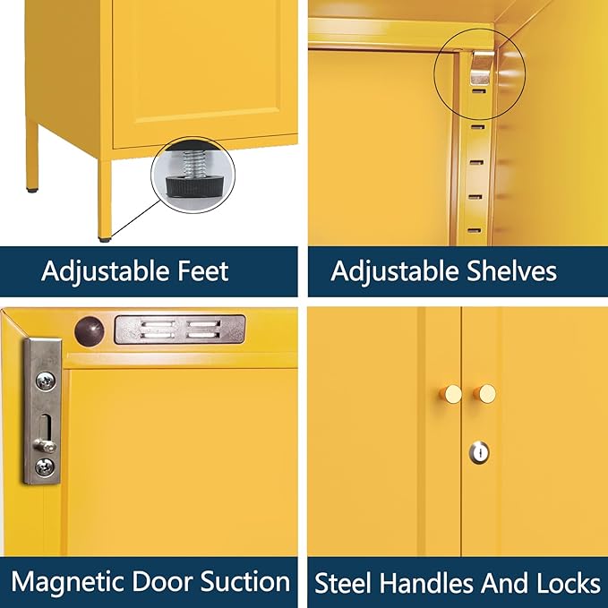 Metal Storage Locker with Djustable Shelves 36" H Lockable Modern Lockers Home Organization Cabinet 2-Door Durable Metal Cabinet for Bedroom Entrance Yellow Size：36" H X 31.5" W X 13.8" D