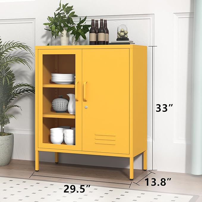 Lockable Metal Storage Locker Djustable Shelves Modern Cabinets Versatile Storage Lockers Easy Assembly Durable Metal Furniture Garage Tool Cabinet Yellow Size：33" H X 29.5" W X 13.8" D