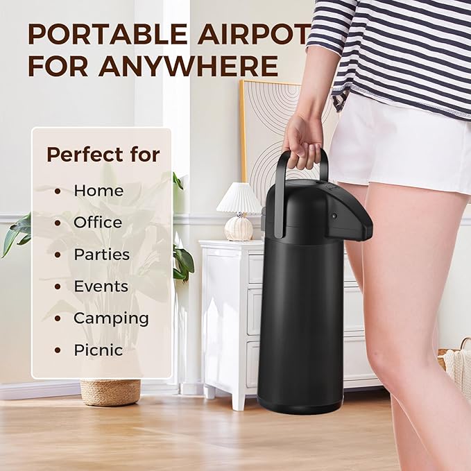 Coffee Carafe for Keeping Hot - Gezoss 102OZ / 3L Airpot Coffee Dispenser with Pump - Large Coffee Thermos for Hot Drinks Tea Liquid - Insulated Stainless Steel Hot Water Beverage for Parties,Black