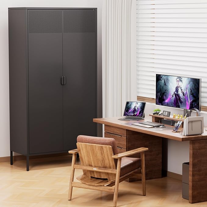 Metal Storage Cabinet with 2 Doors and 3 Adjustable Shelve,61" Black Kitchen Pantry Storage,Office Steel Cabinets Locker for Kitchen,Living Room,Dining Room,Home,Office