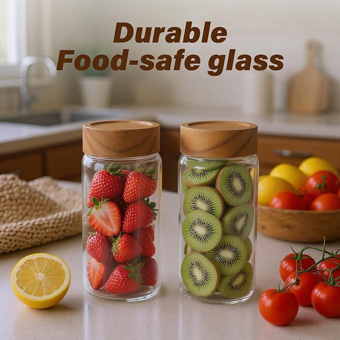 6 -Piece 13 oz Food-Grade Glass Mason Jars with Acacia Wood Lids, Sealable Waterproof, Transparent Easily Stackable for Overnight Oats, Spice Storage & Snack Organizing