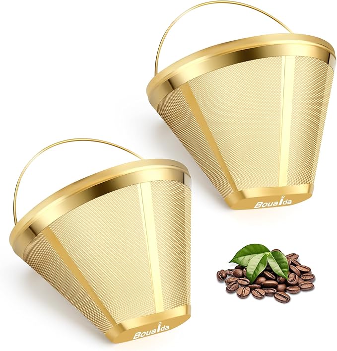 Gold Stainless Steel Coffee Filter - Reusable Ninja Filter, Cuisinart Replacement | Fits Ninja Dual Brew Pro, Cuisinart DCC-3400 & #4 Cone Makers (2-Pack)