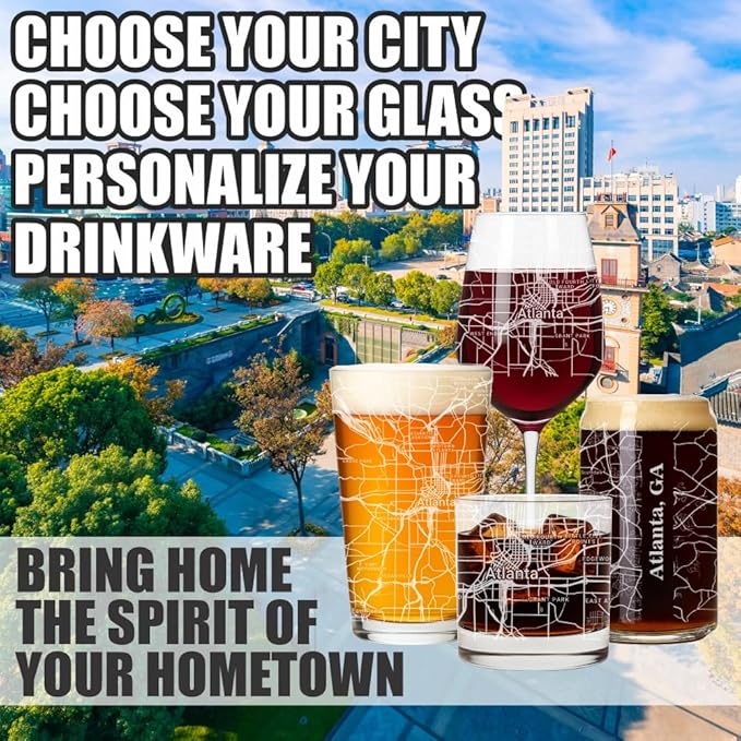 Blue Ridge Mountain Gifts - Atlanta Souvenir - Georgia Glassware Gift, Etched City Map, Laser Engraved and Dishwasher Safe