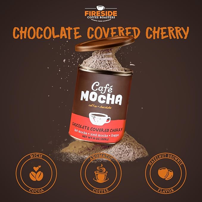 Fireside Coffee Chocolate Covered Cherry Café Mocha - Flavorful Instant Coffee Chocolate Blend - Premium Caffeinated Drink Mix for Hot, Milkshake, & Mocha Frappe Mix, Only Add Water & Enjoy, 8 Ounces