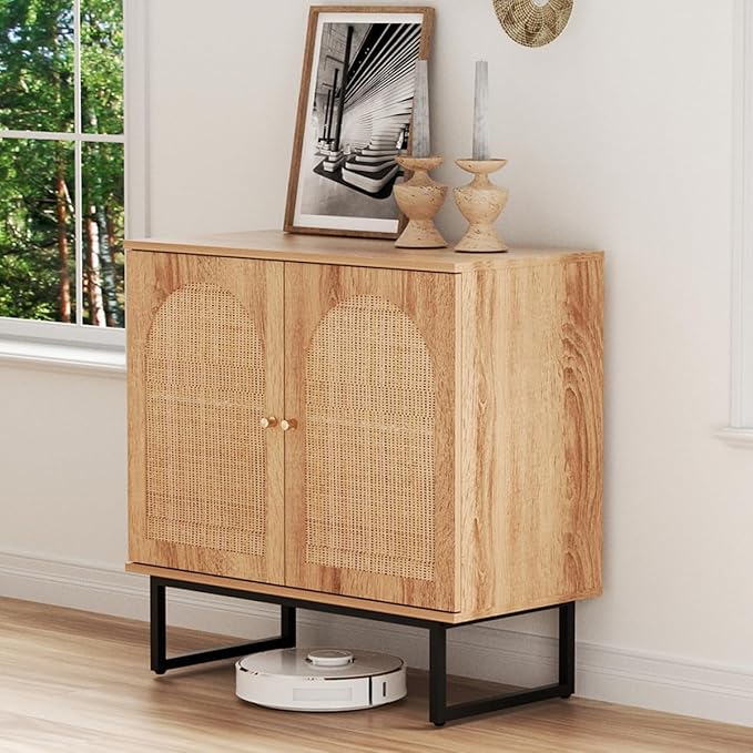 Storage Cabinet with 2 Arched Rattan Doors, Natural Style Rattan Sideboard Buffet Cabinet with Storage, Boho Entryway Table for Living/Dining Room, Kitchen, Hallway