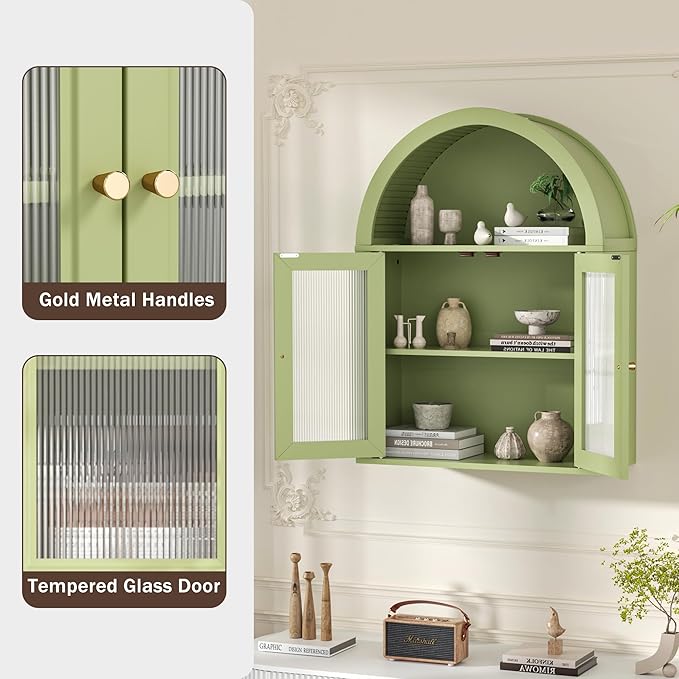 Arched Bathroom Cabinet, Wall Mounted Bathroom Cabinet with Tempered Glass Doors and Adjustable Shelf, for Kitchen, Living Room, Laundry Room, Restroom, Green