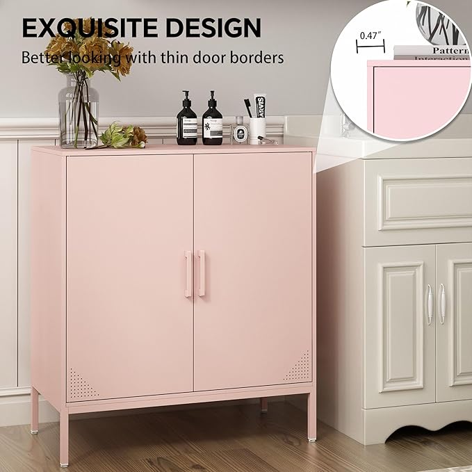 Metal Storage Cabinet with 2 Doors, Steel Buffet Sideboard Entryway Locker Cabinet Kitchen Cupboard for Living Room, Dining Room, Kitchen, Office, Bar (Pink, 31.5" D x 15.75" W x 35.43" H)