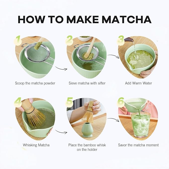Ceremony Matcha Kit with Bamboo Scoop, Whisk, Holder, Sifter, Chawan Ceramic Bowl with Spout, 5 Pcs Green Japanese Matcha Whisk Set - High End Matcha Tea Set Gift for Matcha Lovers and Starters