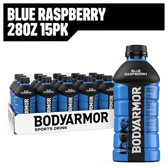 BODYARMOR Sports Drink, Blue Raspberry, Electrolyte Drink Hydration, 28 Fl Oz Bottles (15 Pack), Flavored Coconut Water with B Vitamins & Antioxidants