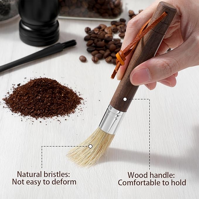 Coffee Cleaning Brush Set - Natural Bristle & Wood Handle, Professional Espresso Grinder Cleaning Tools with Dual-Head Brush