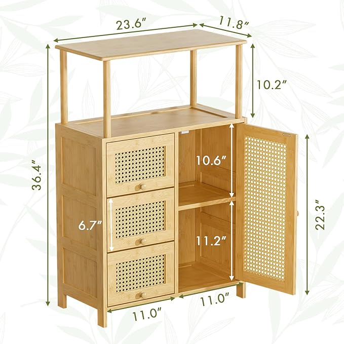 Amazer Sideboard Buffet Cabinet with Storage, Bamboo Storage Cabinets, Rattan Sideboard with Adjustable Shelf, Pantry Cupboard for Kitchen Living Room Entry Coffee Bar, Natural Color