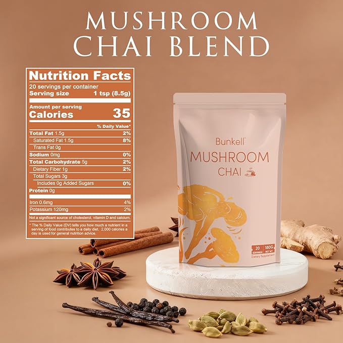 Bunkell Mushroom Chai, Adaptogenic 6 Mushrooms with Lion's Mane, Reishi, Cordyceps, Shiitake, King Trumpet & Turkey Tail, Chai Powder for Energy, Focus, Digestion & Immune Support, 20 Servings 1 Pack