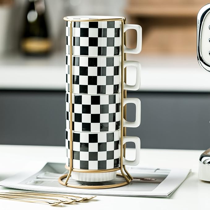 Stackable Coffee Mug Set of 4 with Rack 11 oz Tea Cup Set with Little Spoon for Coffee Tea Cocoa Milk, Checkered Black and White Pattern Coffee Mug for Housewarming Gift
