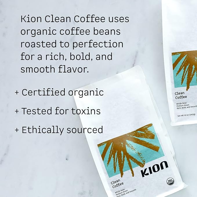 Kion Organic Whole Bean Coffee, Tested for Toxins, Ethically Sourced, Rich, Bold, and Smooth, Medium Roast 12 Oz (1 Pack)