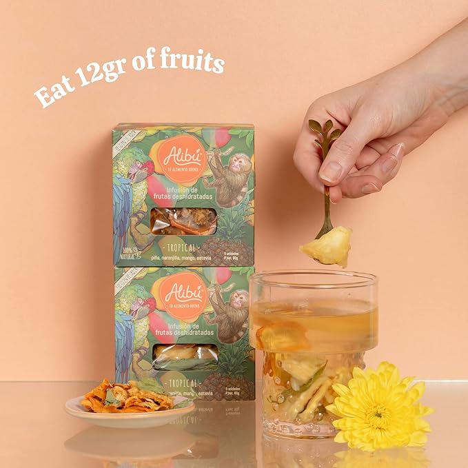 Alibú Dried Fruit Tea Infusions - Tropical - Naranjilla, Mango, Pineapple – Certified Vegan, 100% Natural, Hot or Iced, Caffeine Free, Eat and Drink - Box of 2.12 oz