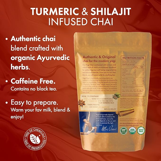 MoreLife Market Yogi Chai | Ayurvedic Turmeric & Shilajit Blend for Digestion, Immunity & Calm | Organic Herbal Tea Powder for Wellness | Caffeine-Free Traditional Indian Chai - 8oz (230g)
