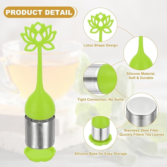 uxcell 2 Pcs Lotus Tea Infuser, Stainless Steel Loose Leaf Tea Steeper Filter with Silicone Handle Reusable Thin Pores Mesh Strainer Diffuser for Teacups Teapots Mugs, Green