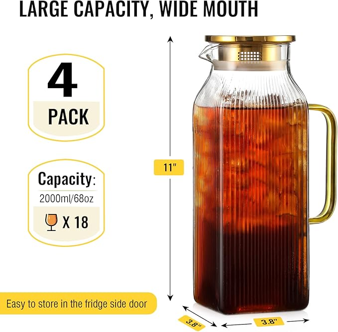 4 Pack 2 Liter/68 oz Square Glass Pitcher with Lid, Classic Stripes Water Pitchers with Handle for Fridge, Large Jug for Iced Tea, Coffee, Borosilicate Glass Carafe for Hot/Cold Brew Drink, Gold