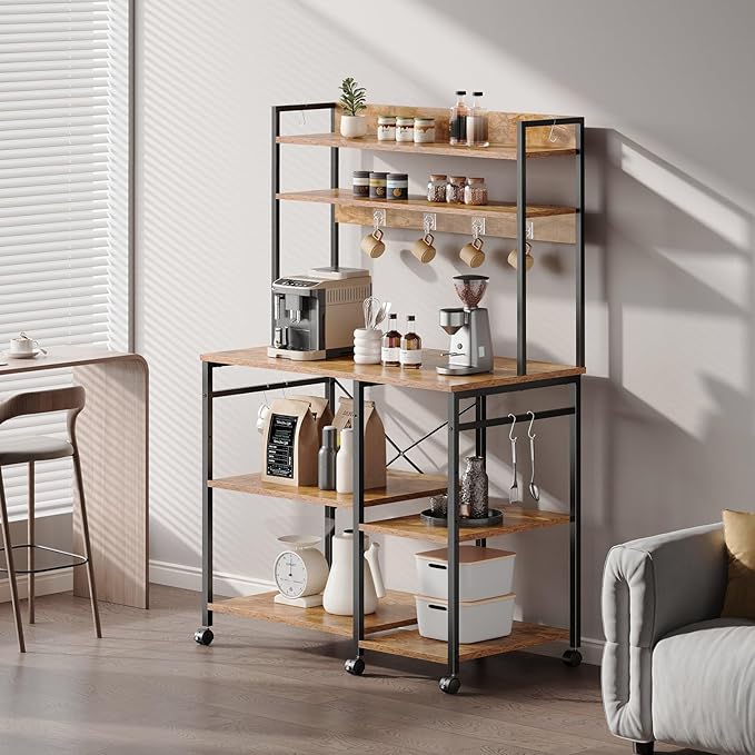 Kitchen Bakers Rack with Storage，Microwave Stand with Wheels，with Adjustable Shelves，Kitchen Shelves，Coffee Bar with 10 S-Shaped Hooks，35.4 * 15.8 * 61 Inches，Rustic Brown