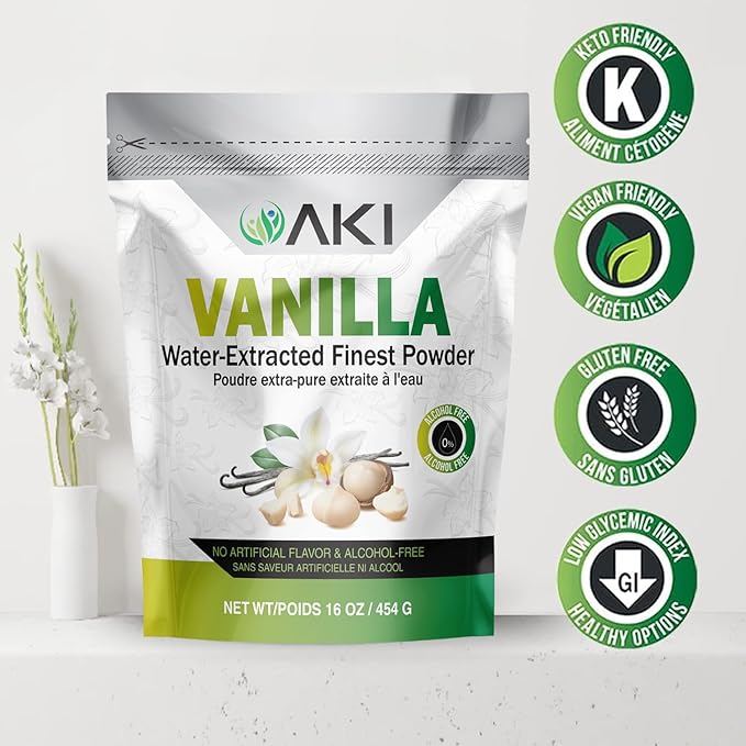 AKI Vanilla Extract Powder from Authentic Beans for Delicious Flavoring, Cooking, Baking, Drinks, Tea, Coffee, Smoothies, Cocktails - Sugar-Free & Alcohol-Free (454g/1lb)
