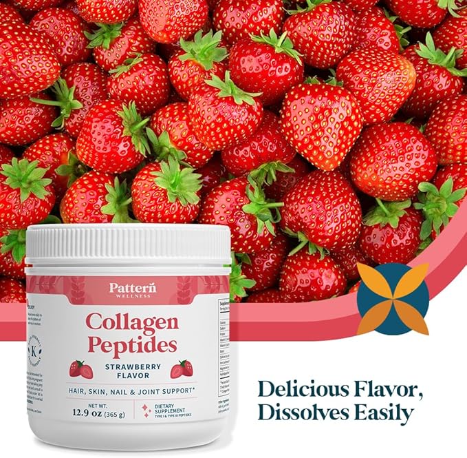 Pattern Wellness Collagen Peptides Powder (Type I & III) - Hair, Nails, Skin & Joint Support - Grass Fed & Pasture-Raised - Hydrolyzed, Non-GMO, Dairy Free, & Keto-Friendly - Strawberry (13 Oz)