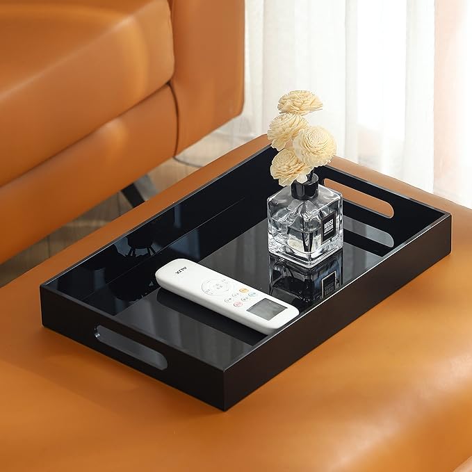 Black Oversize Acrylic Serving Tray with Handles 10x15 Inch -Spill Proof- Decorative Trays Countertop Organizer for Ottoman,Nightstand, Sidetable, Butler (10X15 Inch, Black)