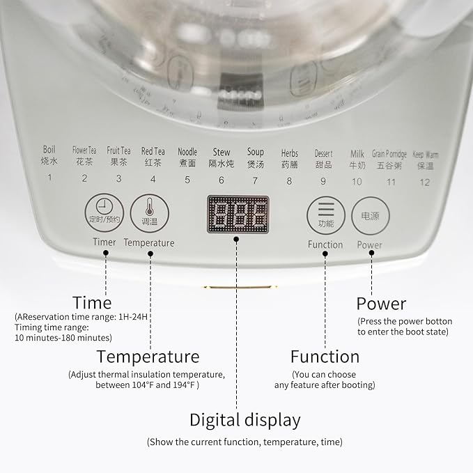Health pot, Office, Household, Electric Kettle with Infuser, Temperature Control,12 Functional Procedures for Fruit, Flower Tea & Coffee, Glass Large 1.8 Liters of Capacity，Grey