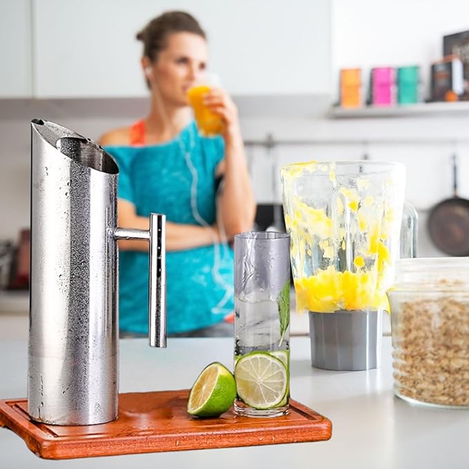 53oz/1.5L Stainless Steel Water Pitcher, Modern Metal Kettle with Ice Guard, Silver Carafe Drink Pitcher with Handle, Straight Bottle Beverage Container for Iced/Hot Tea, Juice, Coffee, Milk