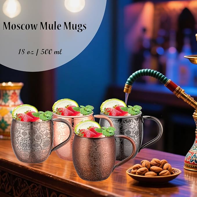 Moscow Mule Mugs - 18 Oz Copper-Plated Fine Craftsmanship Etched Mugs,304 Stainless Steel-Lined Mule Cups,For Cold Drinks, Beer, Wine, Bars, Parties