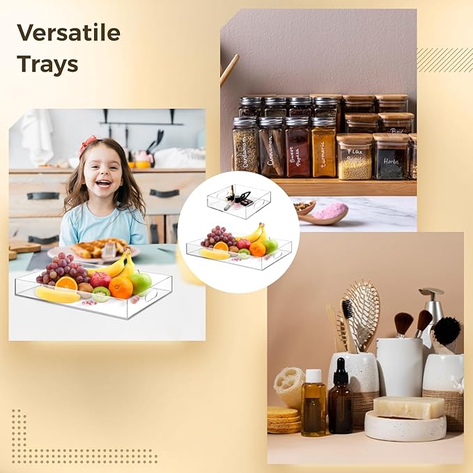 2-Pack Acrylic Trays, Clear Serving Trays with Handles 15.4x11.4" & 7.9x7.9", Decorative Vanity Trays for Bathroom, Countertop, Food Display, Smooth Edge Drawer Organizers