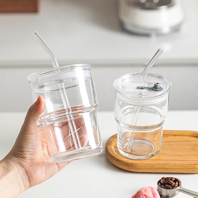 INSETLAN 13oz Portable Glass Tumblers Set of 4, Thick Wall Glass Cups with Lid and Glass Straw, On-the-Go Coffee Cups for Iced Coffee, Tea, Milk, Hot & Cold Drinks, Travel & Daily Use