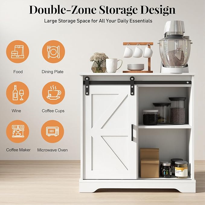 Panana Sliding Barn Door Buffet Sideboard Storage Cabinet Coffee Bar Kitchen Farmhouse Style (White)
