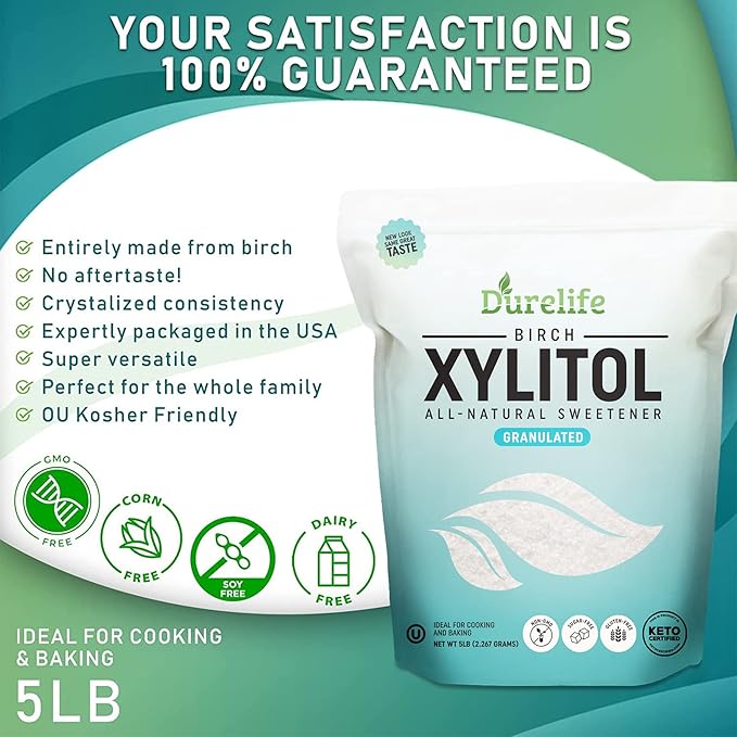 DureLife XYLITOL Sugar Substitute 5 LB Bulk (80 OZ) Made From 100% Pure Birch Xylitol NON GMO - Gluten Free - Kosher, Sugar alternative, Packaged In A Resealable zipper lock Stand Up Pouch Bag