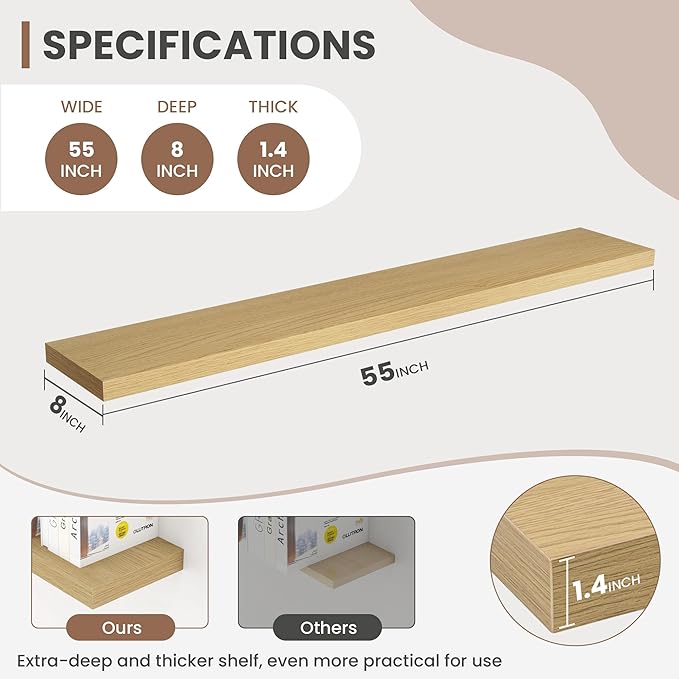 55 Inch Floating Shelves, 8 Inch Deep Floating Shelves for Wall, Hanging Shelf with Invisible Brackets, Deep Shelves for Bathroom, Bedroom, Living Room, Oak, Set of 1