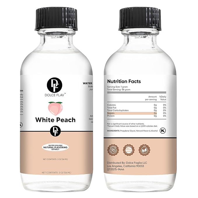 Dolce Flav Natural White Peach Extract 2 oz – Kosher, Sugar-Free, Concentrated Sweet White Peach Flavoring for Beverages, Desserts & Baking, Includes Measured Dropper
