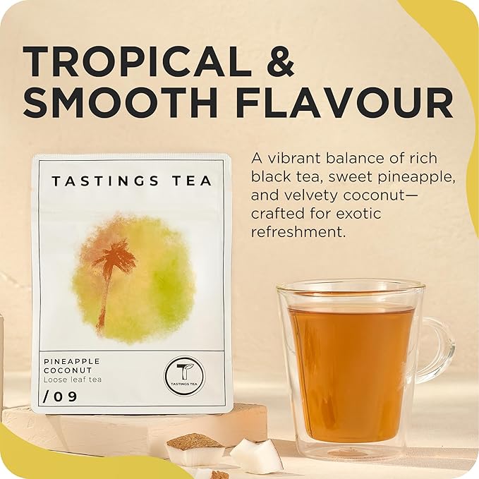 Tastings Tea Pineapple Coconut Loose Leaf, 2.25 oz | Tropical Black Blend & Fruit Infusion | Medium Caffeine | Naturally Sweet & Energizing | Small Batch & Sustainably Sourced | Resealable Pouch