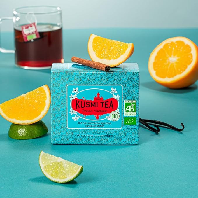 Kusmi Tea - Pack of 2 Boxes of Tea Bags - Prince Vladimir - Organic Earl Grey Black Tea with Orange - Flavored with Citrus, Cinnamon, Bergamot, Vanilla & Spices - Caffeinated Tea - 2x20 Tea Bags