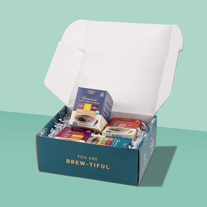 Teeccino Herbal Tea Gift Set - 48 Tea Bag Assortment in 4 Sampler Boxes with Decorative Gift Box - Prebiotic SuperBoost, Dandelion, Mushroom Adaptogen & Classic Herbal Tea Samplers, Caffeine Free