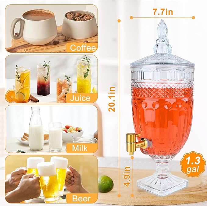 1.3 Gallon Glass Drink Dispenser, Glass Beverage Dispenser with Spigot for Party Bar Wedding, Crystal Collection Jug, Wide Mouth with Lid, Iced Beverage Dispensers (1.3gal Glass relief)
