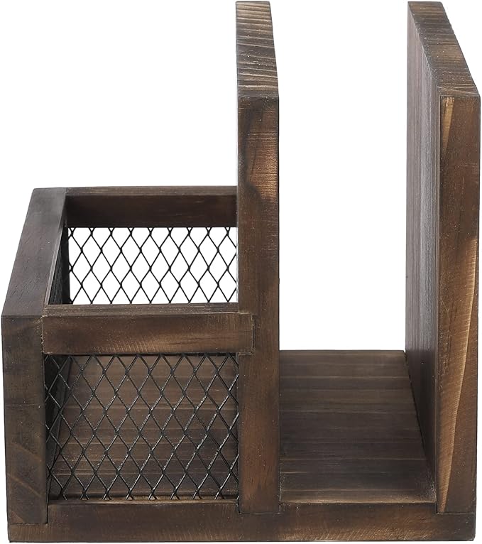 FARM IN Napkin Holder, Farmhouse Multifunctional Napkin Holder with Salt and Pepper Shakers Holder for Home Kitchen Table Centerpiece and Commercial, Rustic Solid Burnt Wood & Diamond Metal Wire Mesh