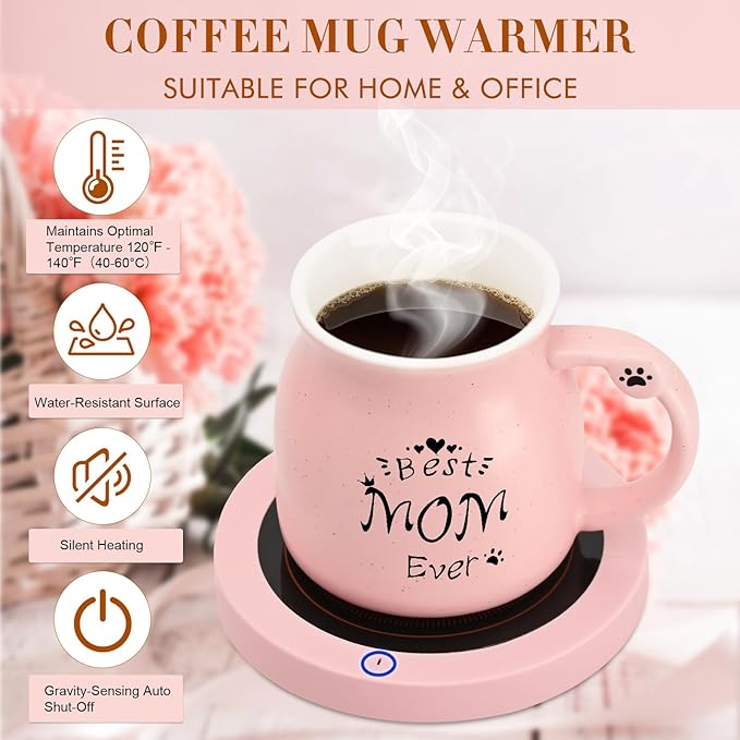Coffee Mug Warmer, Best Mom Ever Mug, Cute Cat Mug Set, Cup Warmer for Desk, Gifts for Women, Pink Heated Warmer for Mom Home Office Christmas Birthday Gifts