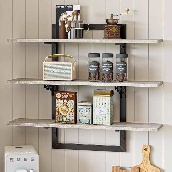 Bestier Floating Shelves for Wall, 32 inch Kitchen Shelves Wall Mounted, 3 Tier Coffee Bar Shelf with Foldable Brackets, Industrial Display Shelf for Bathroom, Living Room, Retro Grey