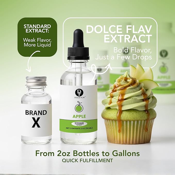 Dolce Flav Natural Apple Extract – 2 oz Water-Soluble Pure Apple Flavoring Drops for Baking, Drinks & Desserts | Highly Concentrated | Sugar Free | Allergen Free | Made in USA