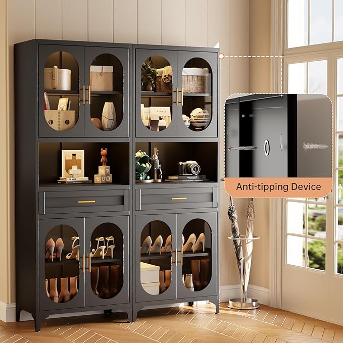 75" Tall Kitchen Pantry Cabinet,Metal Storage Cabinets with 4 Glass Doors and Adjustable Shelves,Freestanding Display Cupboard for Dining Room,Living Room,Hallway,Bathroom,Black