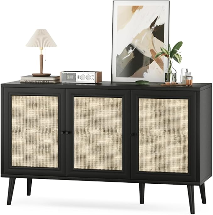 47.2" Buffet Cabinet with Storage Accent Sideboard, Modern Kitchen Cabinet with Rattan Doors, Wood Coffee Bar Table Console for Kitchen Living Room Entryway, Black